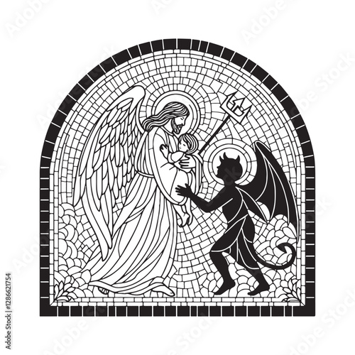 Angelic protector, Jesus shields child from devil in mosaic window art