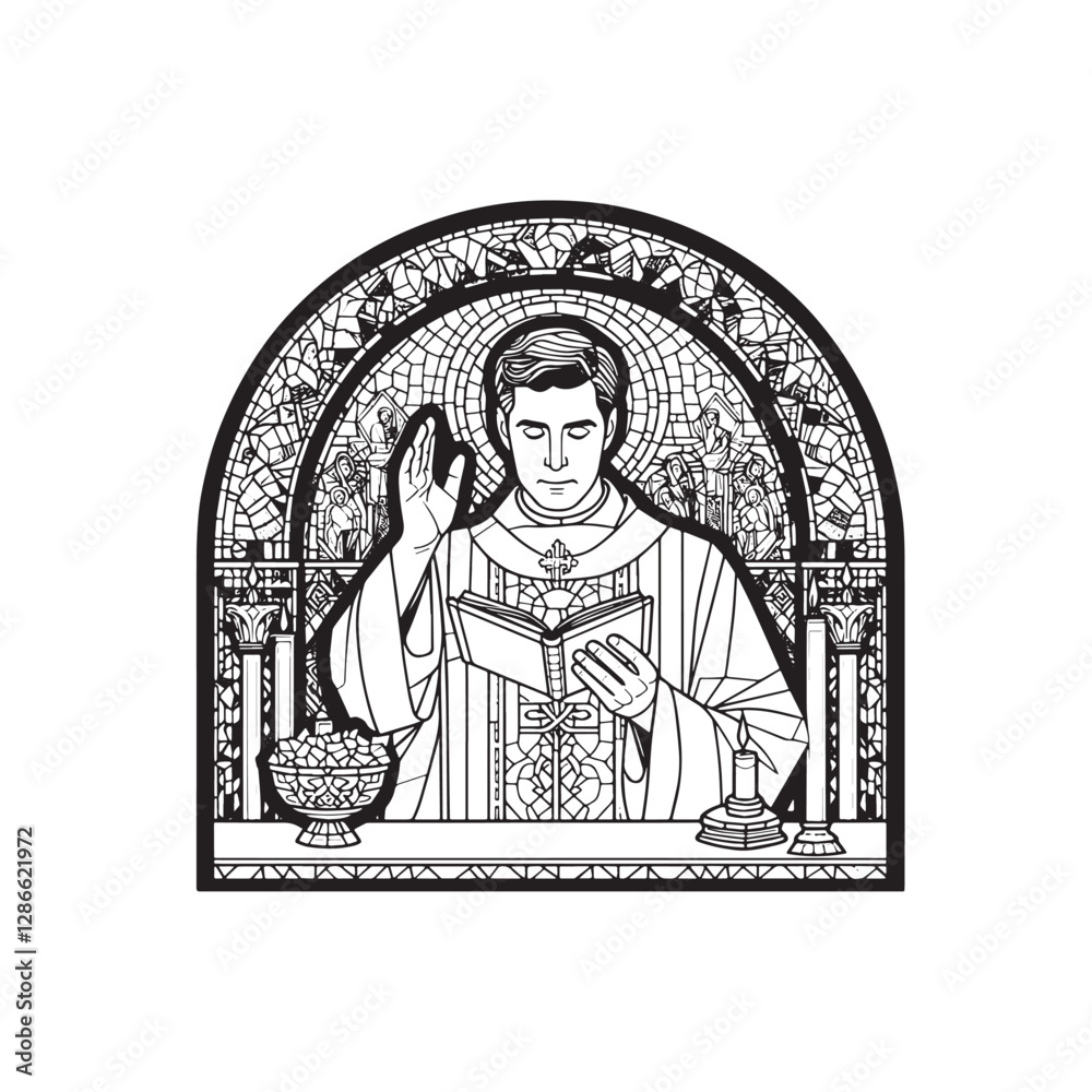 Fototapeta premium Catholic Priest Delivering Blessing in Mosaic Style Arc Window Illustration