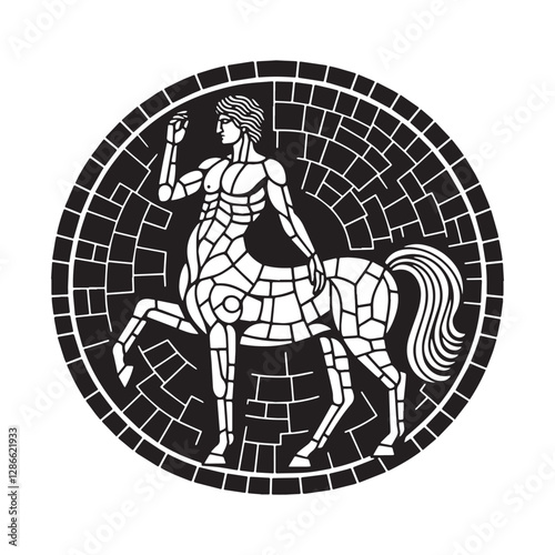 Black and white mosaic style centaur figure on a white background isolated