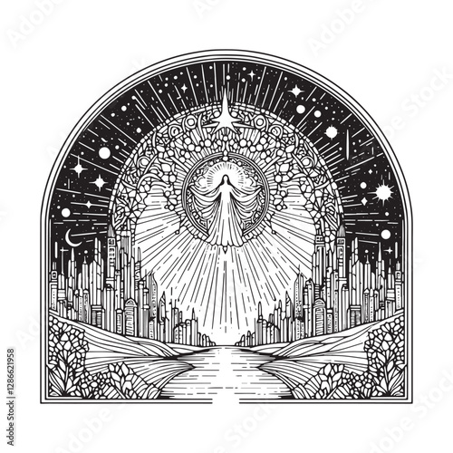 Celestial city shining with divine glory in minimalist mosaic outline