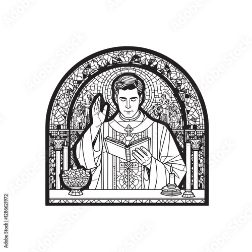 Catholic Priest Delivering Blessing in Mosaic Style Arc Window Illustration