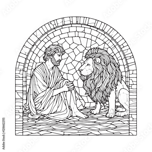 Daniel in the lion's den mosaic art illustration inside window arc