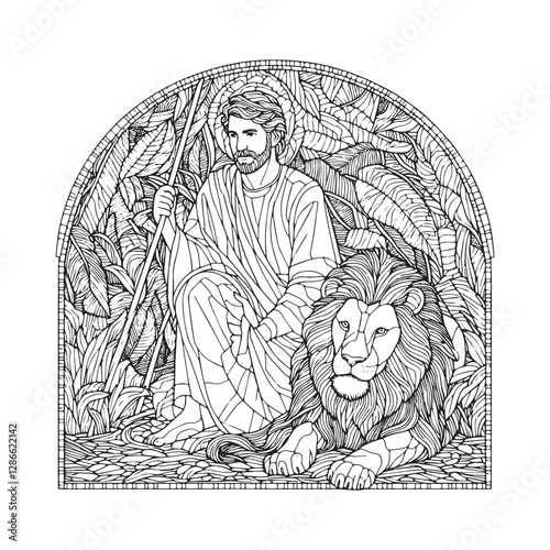 Daniel in the Lion's Den, A Minimalist Mosaic Depiction Inside an Arc