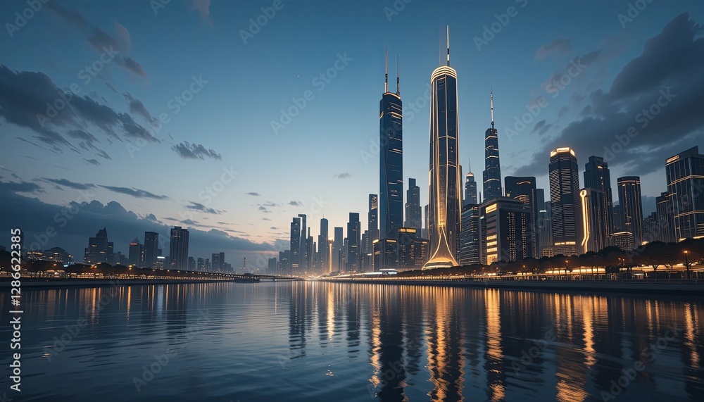 Fototapeta premium Evening skyline reflection shanghai cityscape urban aerial modern architecture