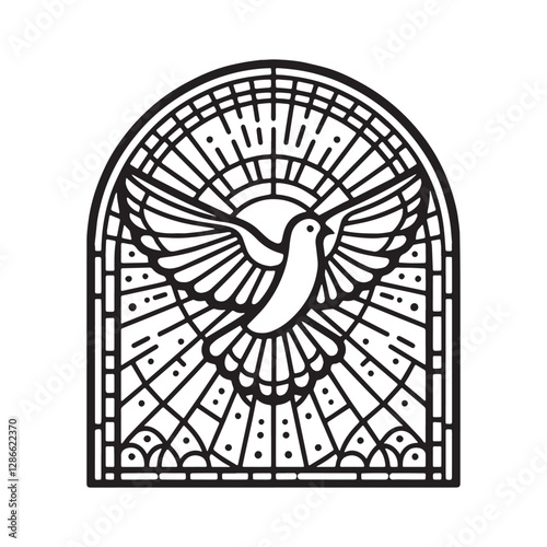 Dove of peace in mosaic style, symbol of the Holy Spirit inside window