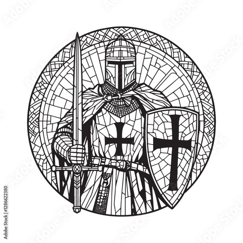 Detailed Mosaic Outline of a Crusader Knight Within Arched Window
