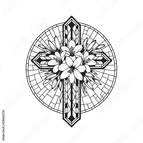 Elegant easter lilies adorning a mosaic cross within an arched window
