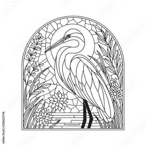Elegant egret mosaic artwork inside simple arc window design