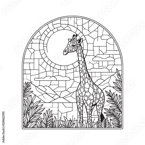 Elegant Giraffe Mosaic Art in Arc Window Frame, Minimalist Desig