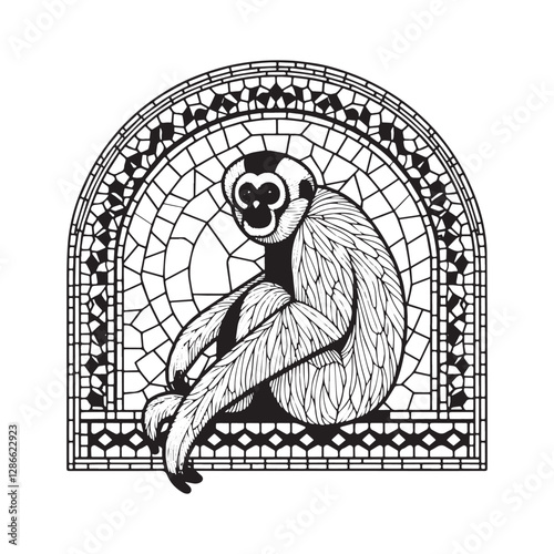 Elegant Gibbon Mosaic in Arc Window, A Refined Wildlife Illustra