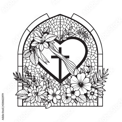 Elegant heart and cross mosaic with floral accents, symbolizing faith