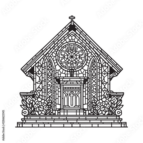 Elegant Mosaic Church Facade with Pulpit and Arc Window Line Art Design