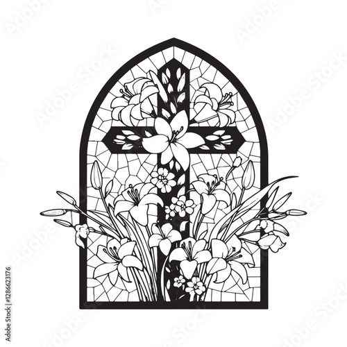 Elegant Mosaic Cross with Lilies and Forget-Me-Nots in Arc Window Design