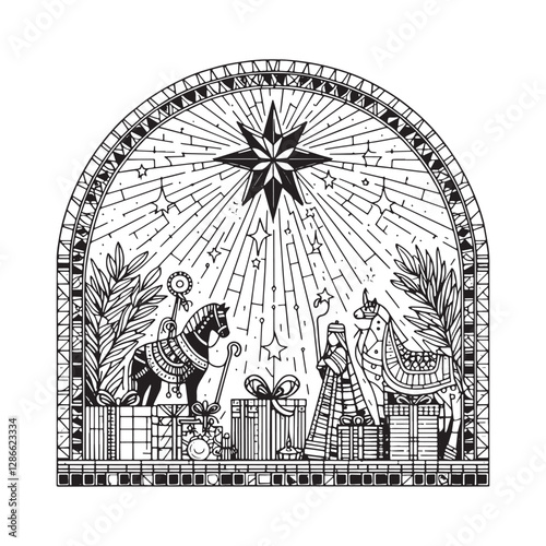 Elegant Mosaic Outline of Epiphany Feast with Star and Gifts within Arc Window