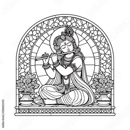 Elegant mosaic outline of krishna playing flute inside arc window