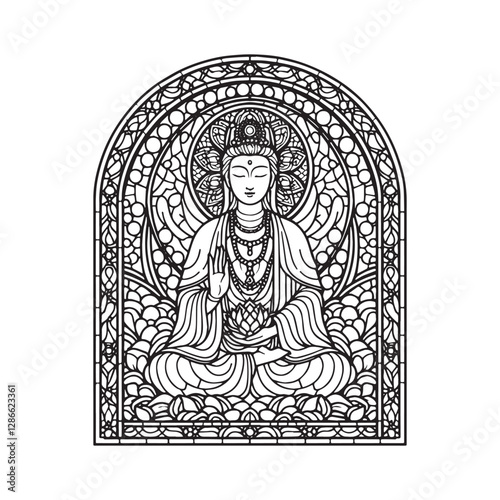 Elegant mosaic outline of Guan Yin within a simple arched window