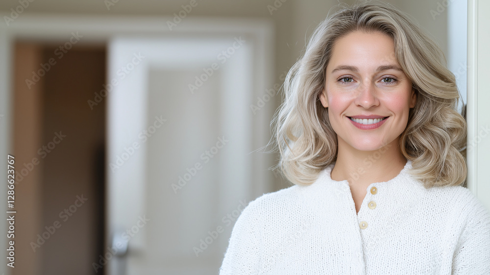 smiling woman with wavy blonde hair stands in bright room, wearing cozy white sweater. Her cheerful expression adds warmth to inviting atmosphere smiling woman with wavy blonde hair stands in bright room, wearing cozy white sweater. Her cheerful expression adds warmth to inviting atmosphere
