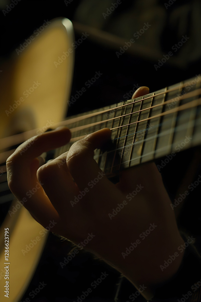 Fototapeta premium Close-up of Hands Playing an Acoustic Guitar with Focus on the Strings, Capturing the Art of Music and Performance, Perfect for Themes of Creativity, Passion, and Musical Expression
