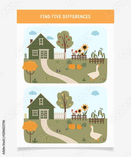 Find five differences, worksheet for kids game. Children educational riddle, vector quiz book page