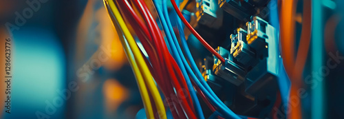 Close-up of electrical wires and cables interwoven on industrial machinery, electrical, wires, cables, industrial
