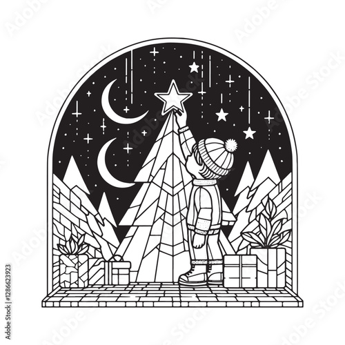 Festive season dream, a child placing a star atop a christmas tree