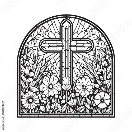 Floral cross inside arc window frame in minimalist mosaic outline style