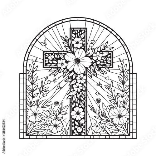 Floral Cross in Arched Window, A Symbol of Resurrection and New Life