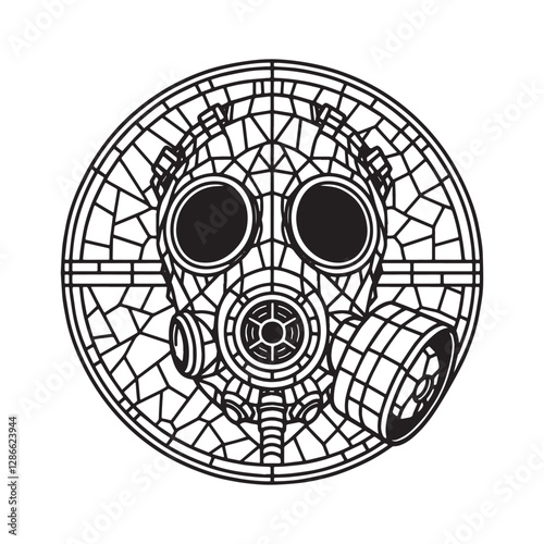Gas Mask in Minimalist Mosaic Outline within an Arc Window Frame