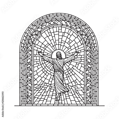Galatians 5,1 - Freedom in Christ depicted in a minimalist mosaic outline inside a simple arc window, inspired design