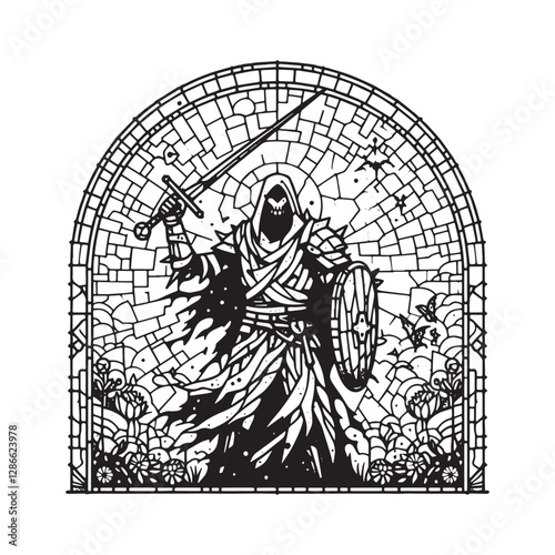 Grim Death Knight Mosaic Art, Minimalist Horror Window Illustration