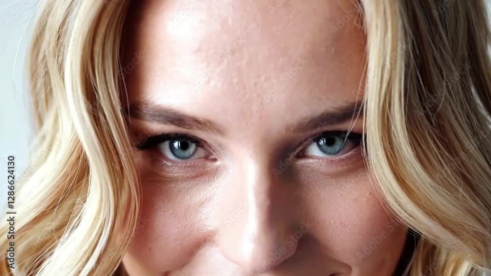 Close-Up of a Smiling Blonde Woman with Blue Eyes in Soft Natural Light Close-Up of a Smiling Blonde Woman with Blue Eyes in Soft Natural Light