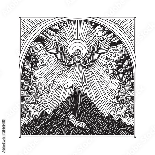 Heavenly Ascent, Angel on Mountain Peak in Mosaic Outline with Sunlight