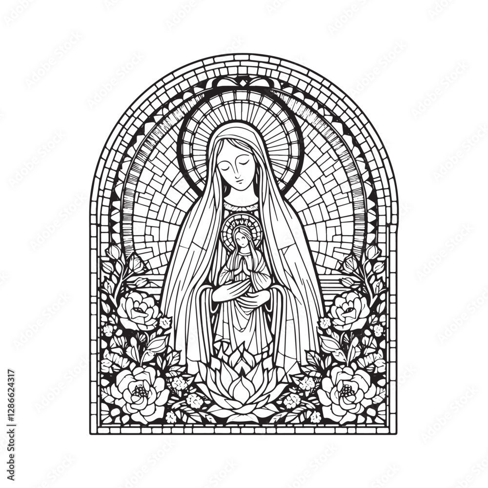 Fototapeta premium Immaculate Conception of Mary, Minimalist Mosaic Outline in Arc
