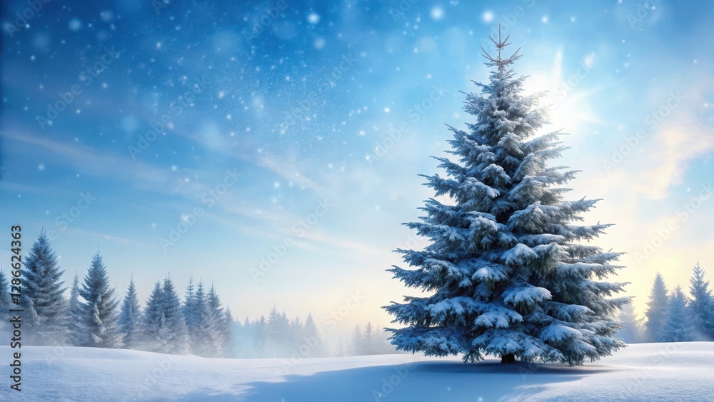 Fototapeta premium Frozen fir tree silhouetted against pale blue winter sky with soft snowfall