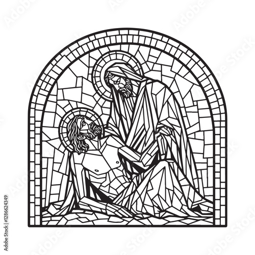 Isaiah 53 minimalist mosaic outline depicting the suffering servant within an arc window design illustrating sacrifice and compassion