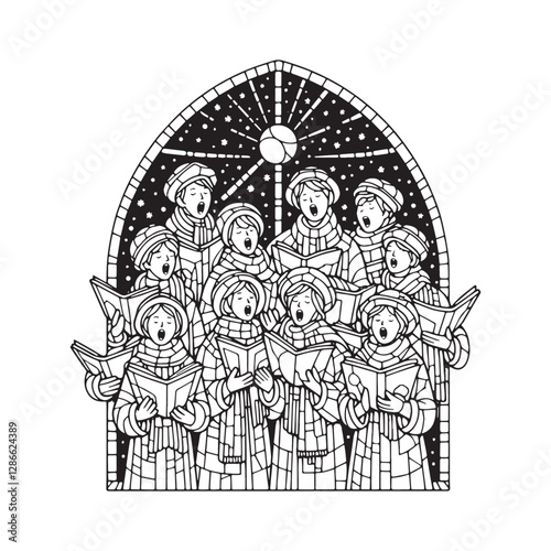 Joyful Christmas Carolers Singing in Snowy Arc Window Mosaic Outline