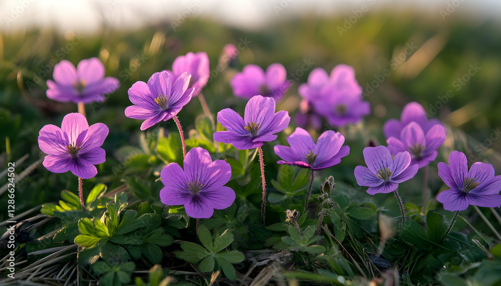 Obraz premium Close-up of purple flowers growing on field during sunset