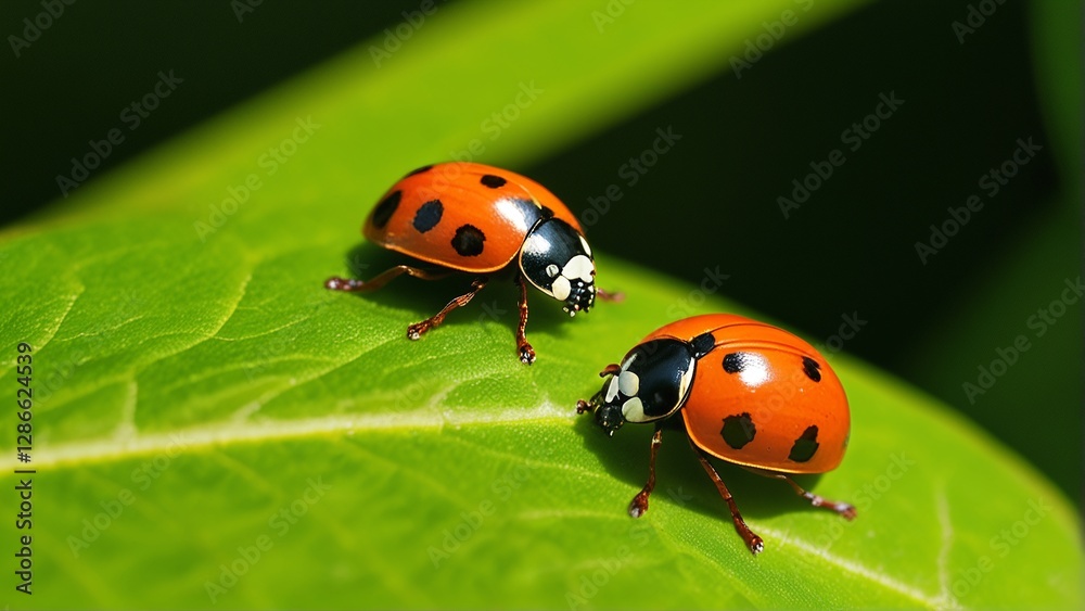 Two ladybugs on a green leaf, vibrant orange with black spots, poised for exploration. Two ladybugs on a green leaf, vibrant orange with black spots, poised for exploration.