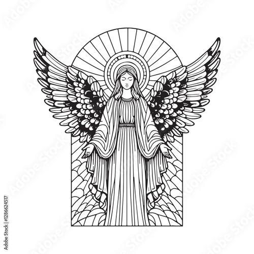 Majestic Virgin Mary with Large Wings in Mosaic Outline Illustration