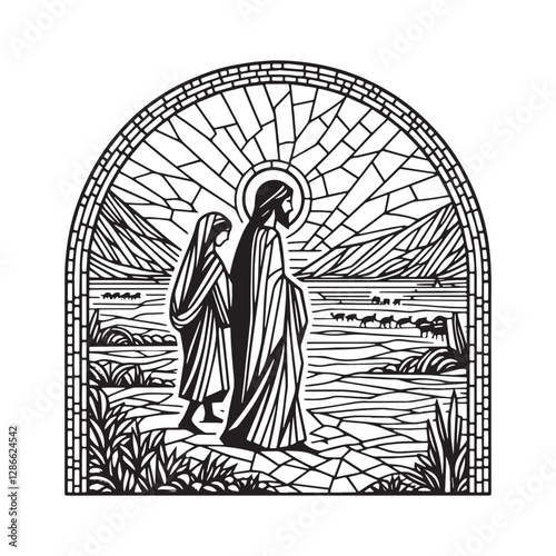 Mary and Jesus walk the Galilee shore in minimalist Mosaic outline, framed by an arc window conveying a sense of faith and history