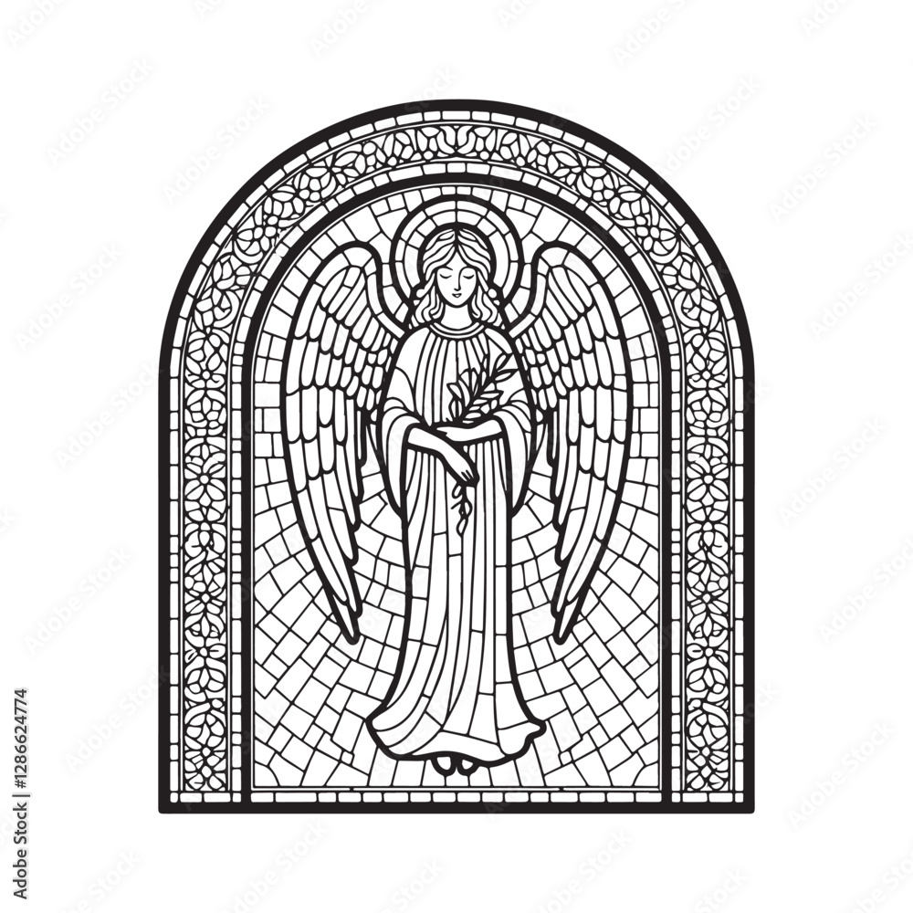 Fototapeta premium Minimalist Angel Mosaic, Divine Presence in Arc Window Outline Design