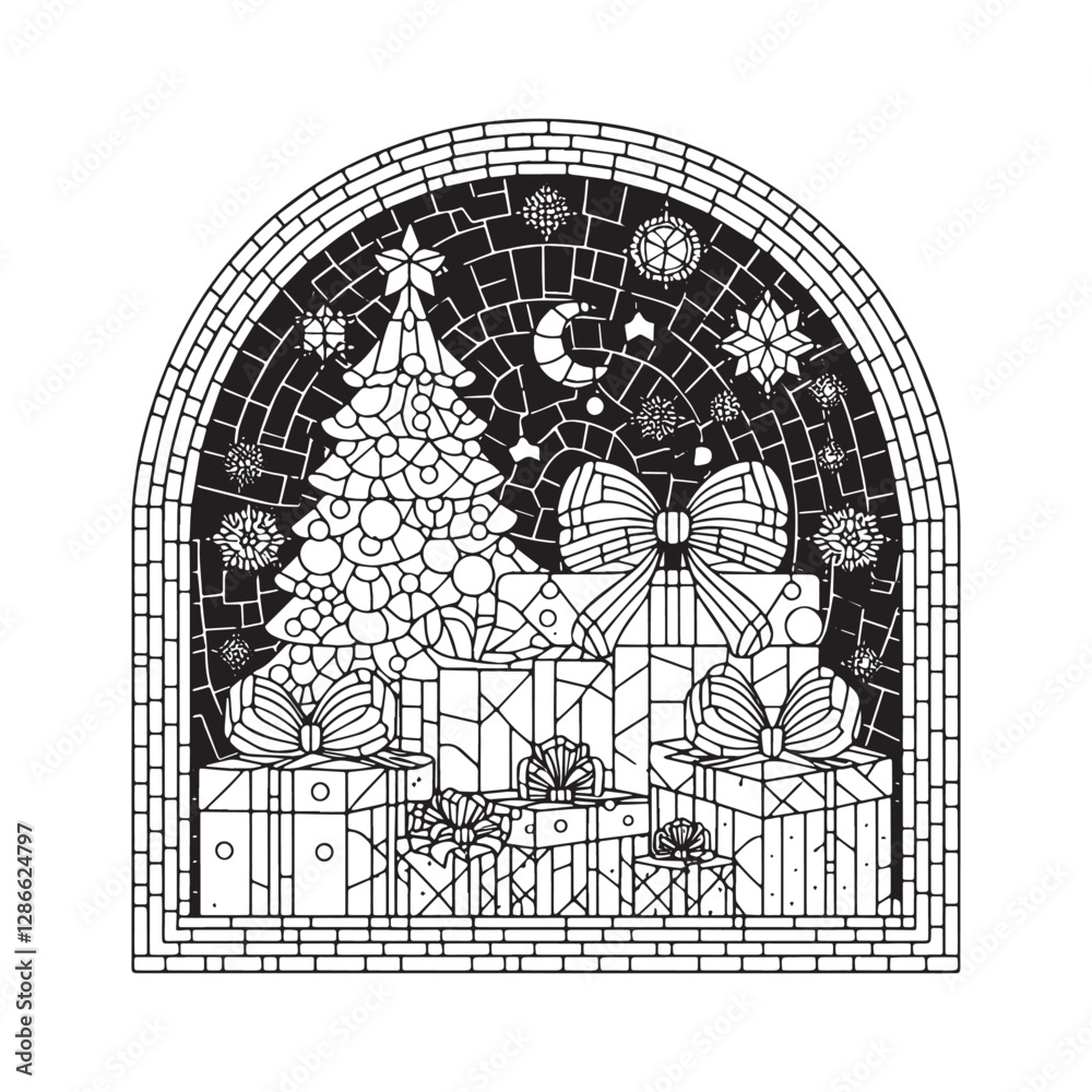 Naklejka premium Minimalist Christmas Mosaic, Presents Under Tree in Arched Window Scene