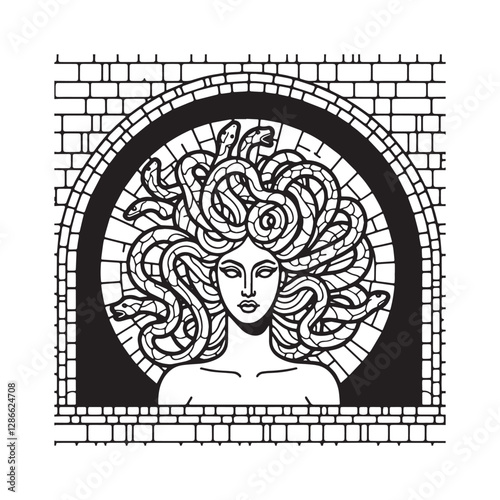 Medusa Gorgon mosaic art with snakes for hair in arc window 1988 style
