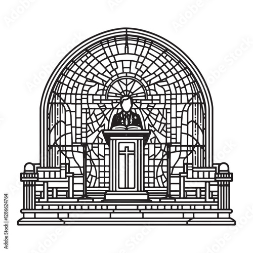 Minimalist church interior with elevated pulpit and arc window design