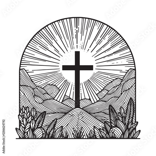 Minimalist Cross on Mountaintop with Radiant Light in Arc Window Design