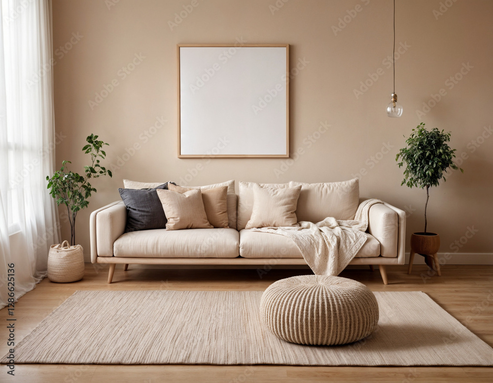 Fototapeta premium Modern minimal interior living room with white sofa and wooden floor white wall