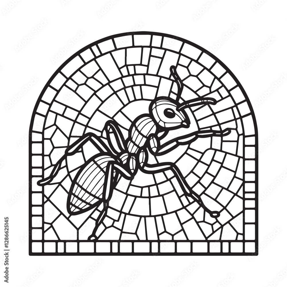 Obraz premium Minimalist Mosaic Ant in Arc Window Coloring Book