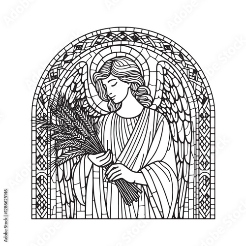 Minimalist Mosaic Angel with Wheat Sheaf in Arc Window Illustration