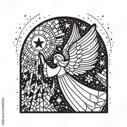 Minimalist Mosaic Angel with Star in Arc Window, Symbol of Guidance
