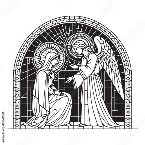 Minimalist Mosaic Annunciation, Angel Gabriel Visits Mary in Arc Window